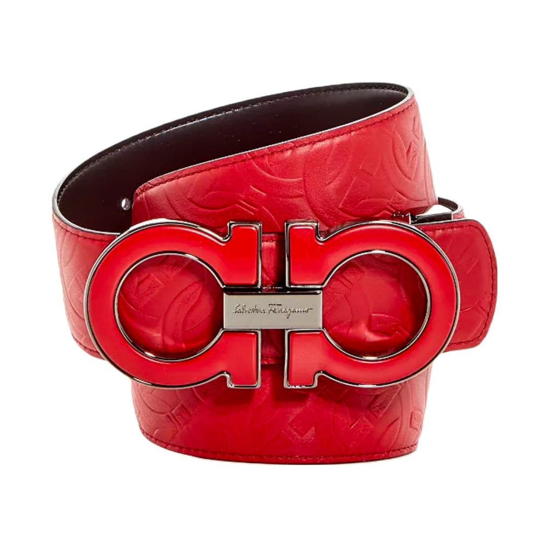 SALVATORE FERRAGAMO MENS GANCINI EMBOSSED REVERSIBLE AND ADJUSTABLE LEATHER BELT RED/ RED