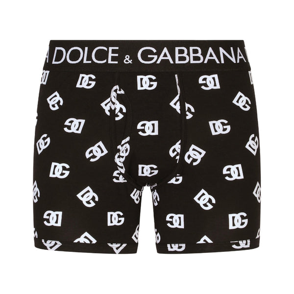 DOLCE & GABBANA LONG-LEG BOXER WITH DG LOGO PRINT  BLACK/WHITE