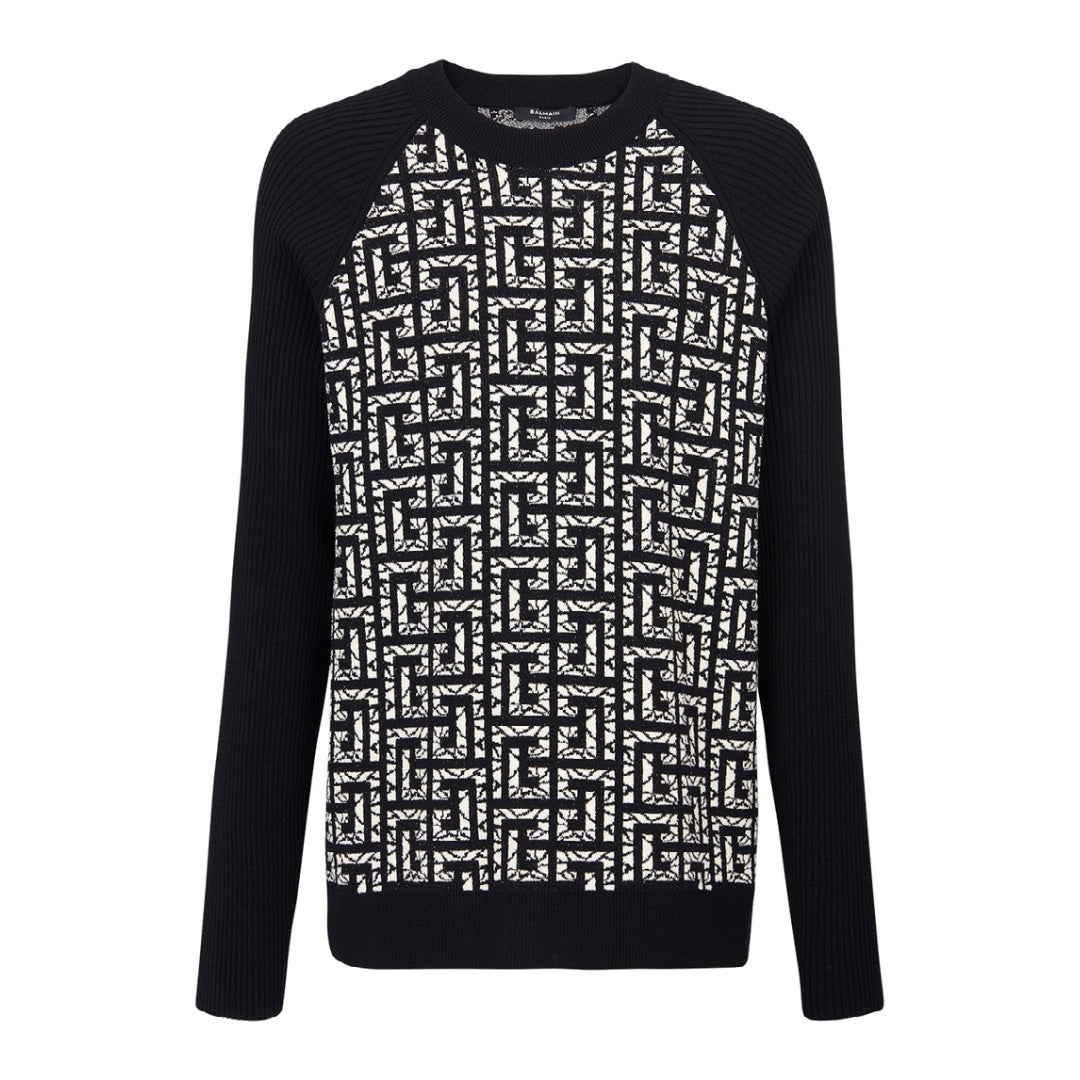 BALMAIN MARBLE MONOGRAM KNITED CREWNECK BLACK/NATURAL