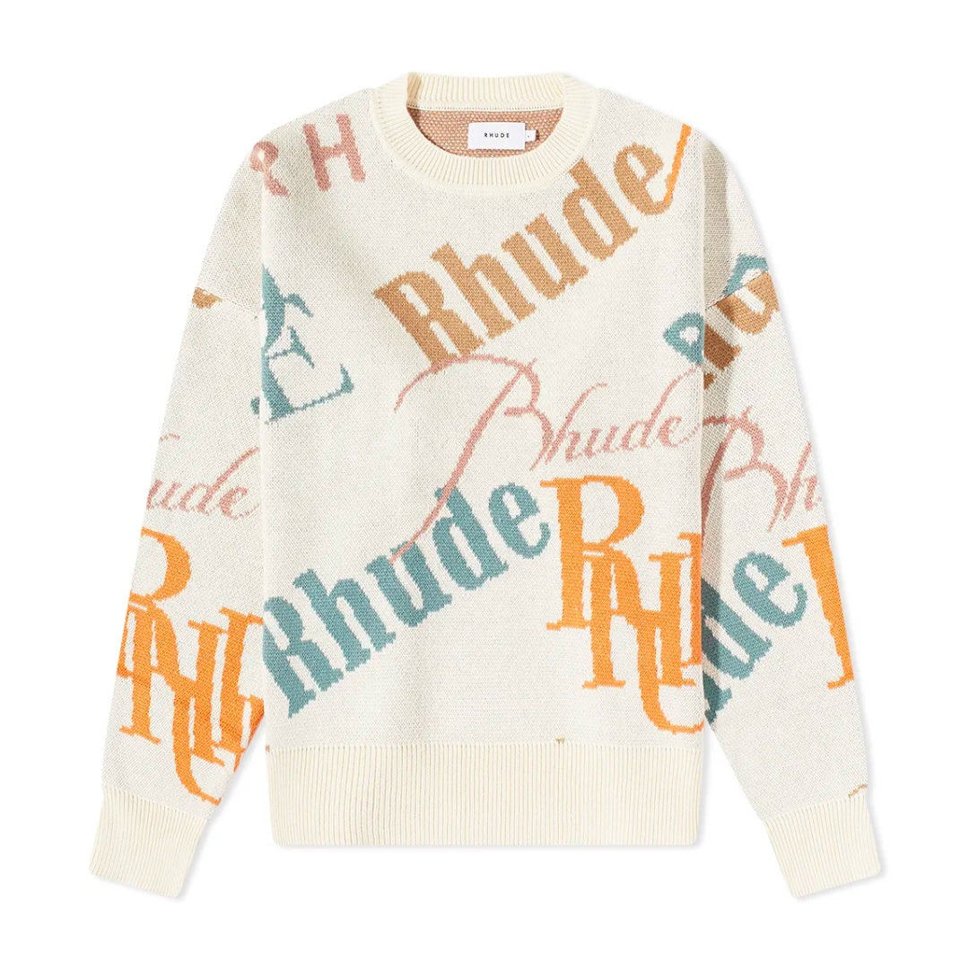 RHUDE JACQUARD LOGO KNIT CREWNECK IVORY & MULTI