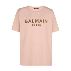 BALMAIN PARIS FLOCKED LOGO T-SHIRT BROWN