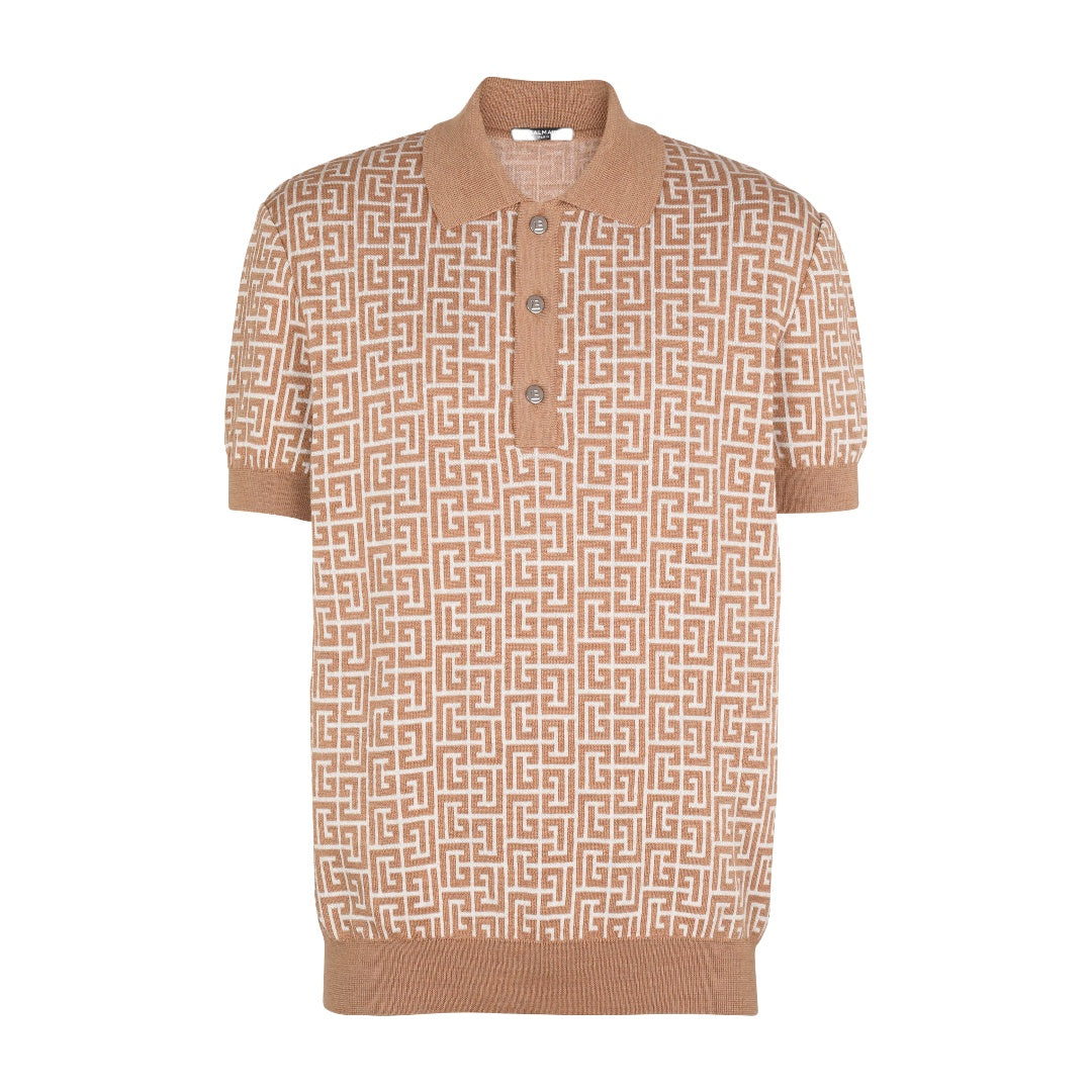 BALMAIN PARIS MONOGRAM WOOL & LINEN POLO BEIGE