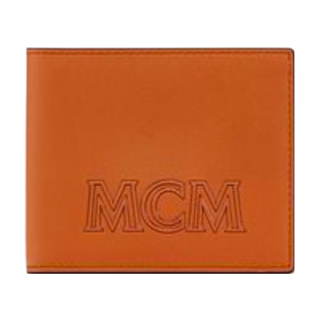 MCM SMALL BI-FOLD WALLET AREN LEATHER BIG LOGO COGNAC