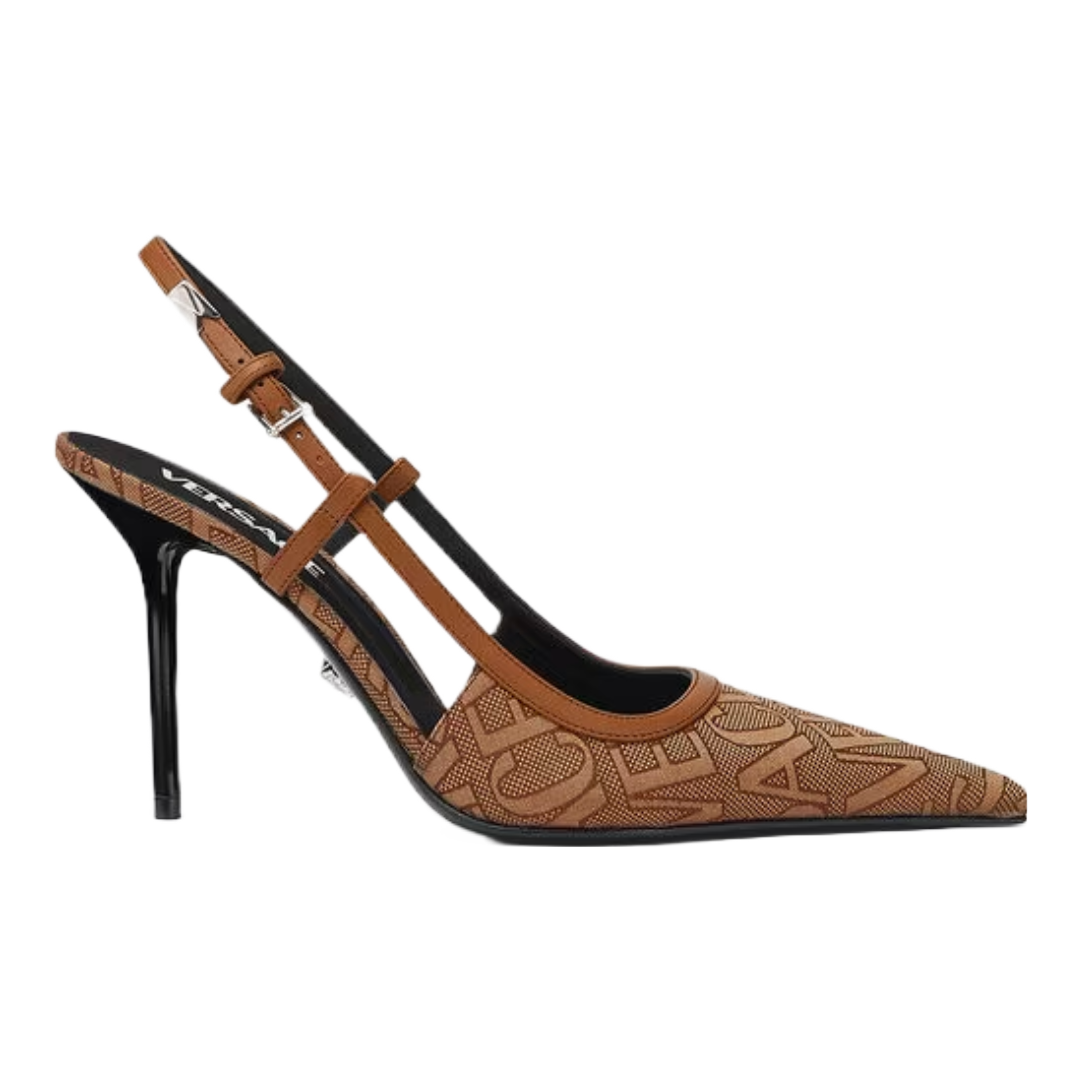 VERSACE WOMEN'S ALLOVER SLING BACK PUMPS BROWN