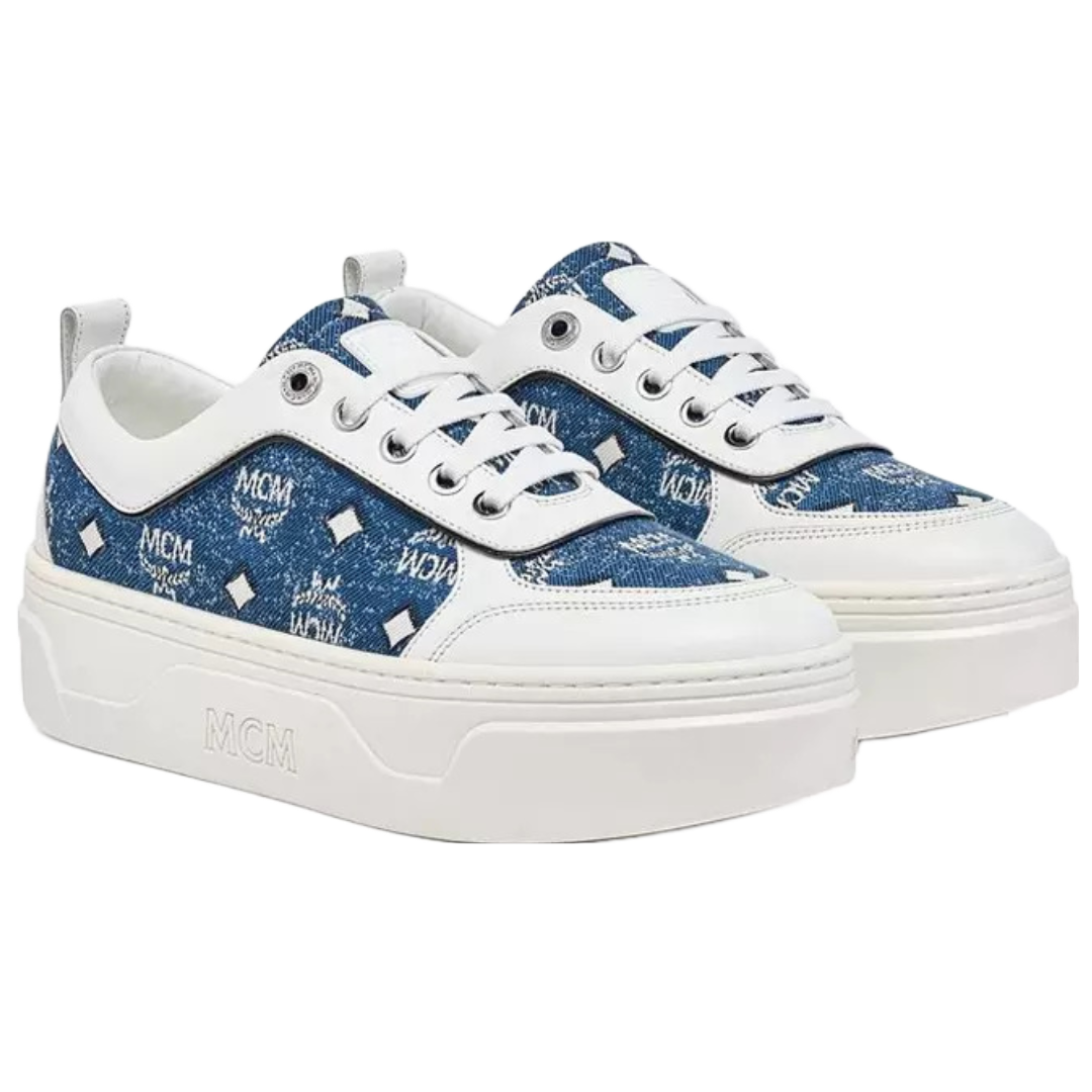 MCM SKYWARD PLATFORM SNEAKERS IN VINTAGE DENIM JACQUARD