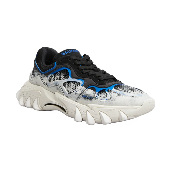 BALMAIN B-EAST TRAINER IN LEATHER, SUEDE AND MESH BLACK/BLUE/OFFWHITE