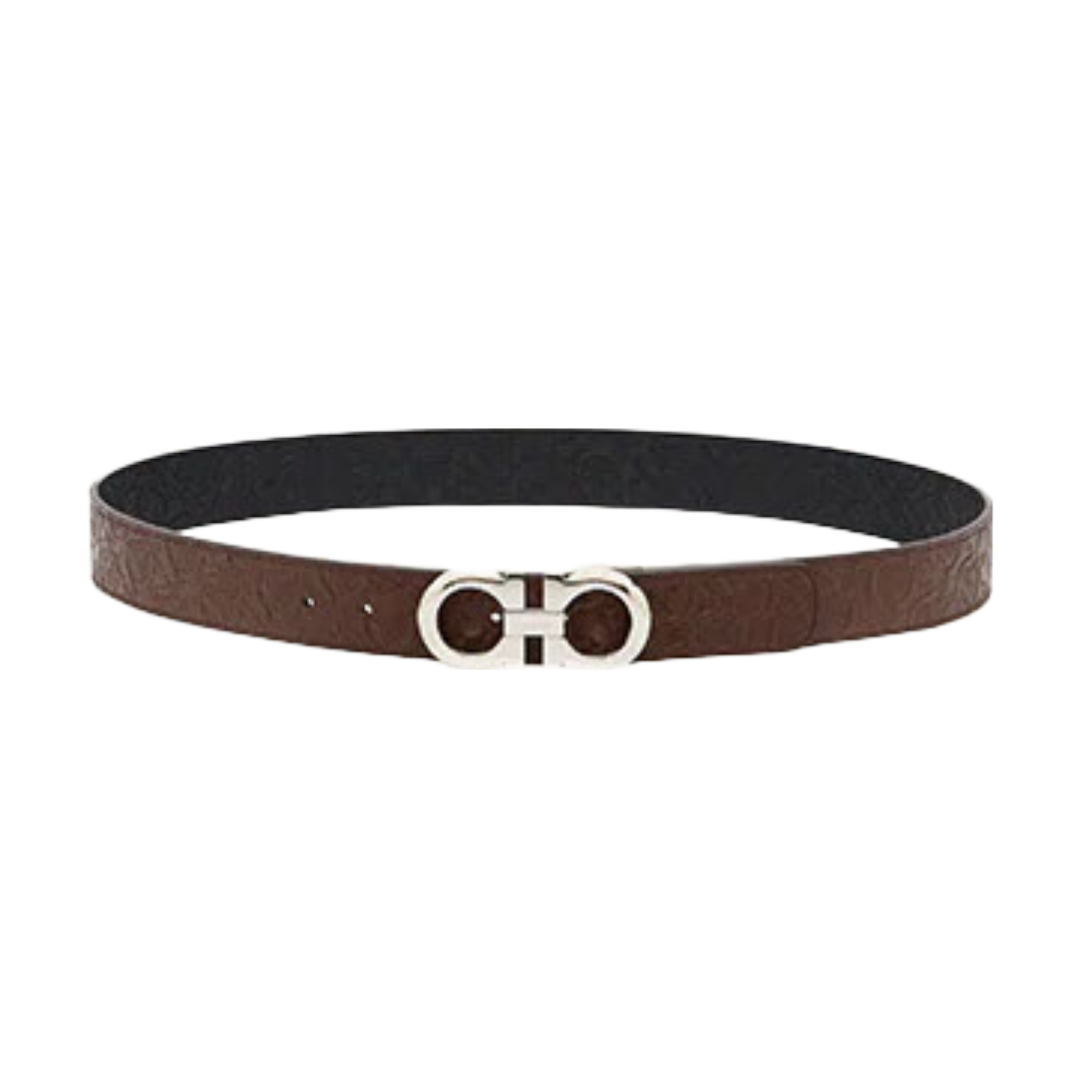 SALVATORE FERRAGAMO GANCINI REVERSIBLE ALL OVER LOGO BELT BROWN/BLACK