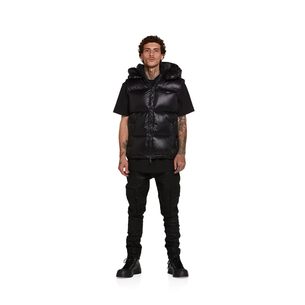 PURPLE BRAND NYLON SNAP OFF HOOD PUFFER VEST JET BLACK