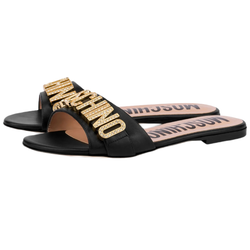 MOSCHINO CALFSKIN JEWEL LOGO FLAT SANDALS