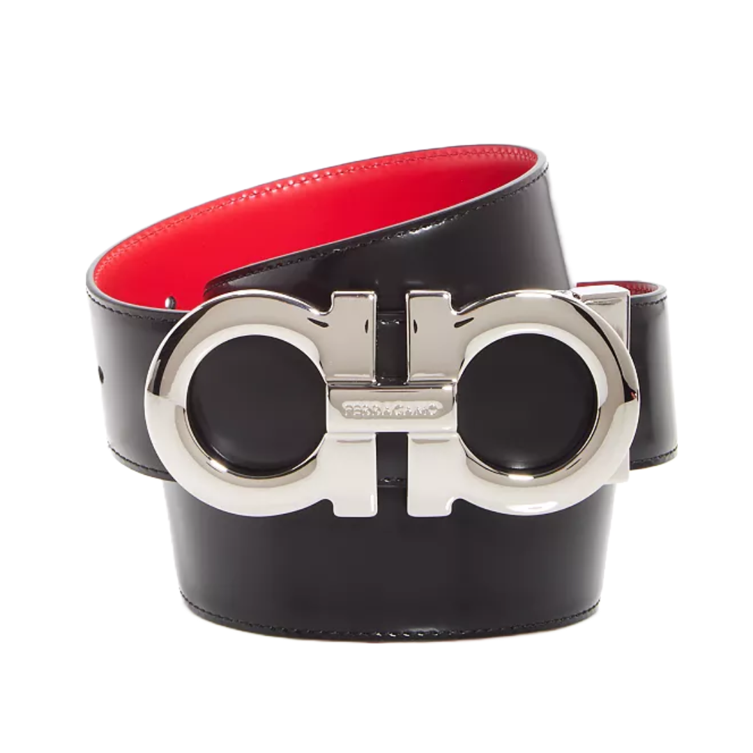 FERRAGAMO REVERSIBLE AND ADJUSTABLE LOGO BUCKLE BLACK/RED LEATHER BELT