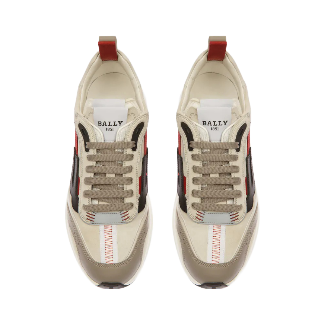 BALLY DARKY LEATHER SNEAKERS IN GREY/DUSTY WHITE/RED