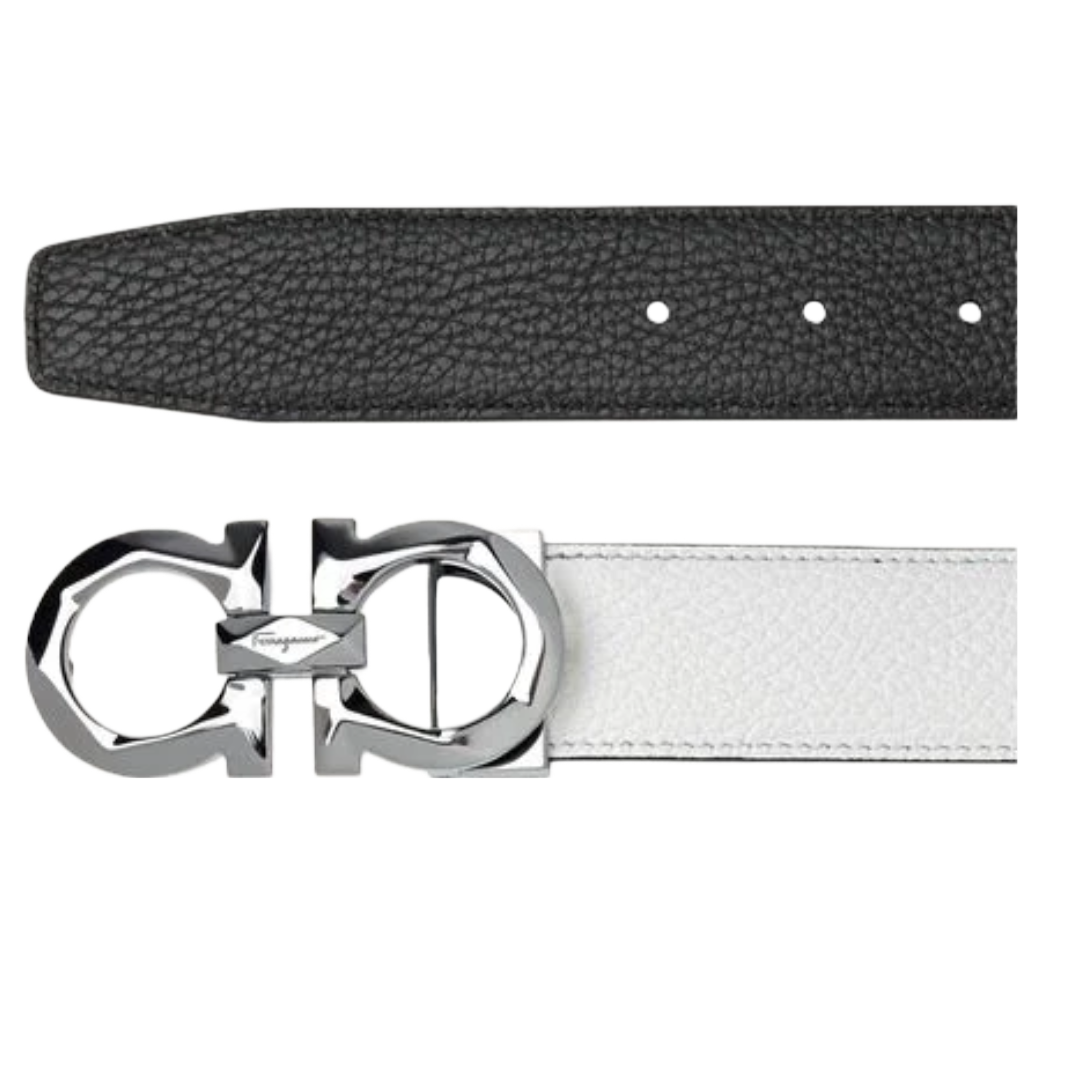 FERRAGAMO REVERSIBLE AND ADJUSTABLE GANCINI BELT WHITE/BLACK