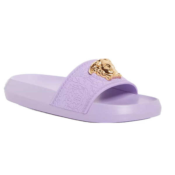 VERSACE WOMENS PALAZZO SLIDES BABY VIOLET/GOLD