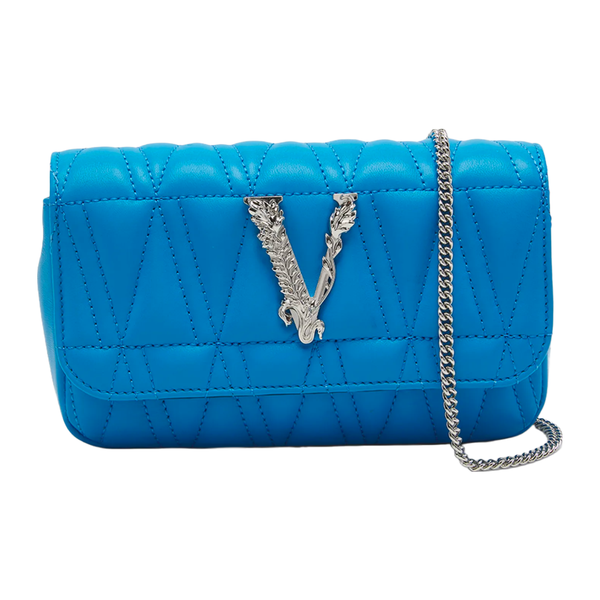 VERSACE VIRTUS MINI QUILTED LEATHER CROSSBODY BAG BLUE