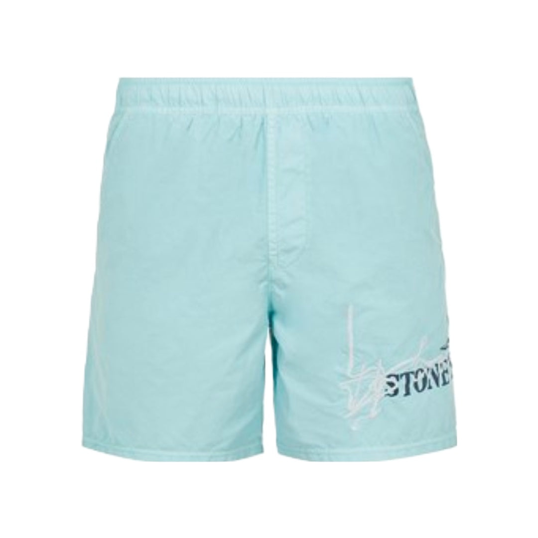 STONE ISLAND BRUSHED NYLON 'INK FOUR PRINT'_GARMENT DYED SHORT AQUA