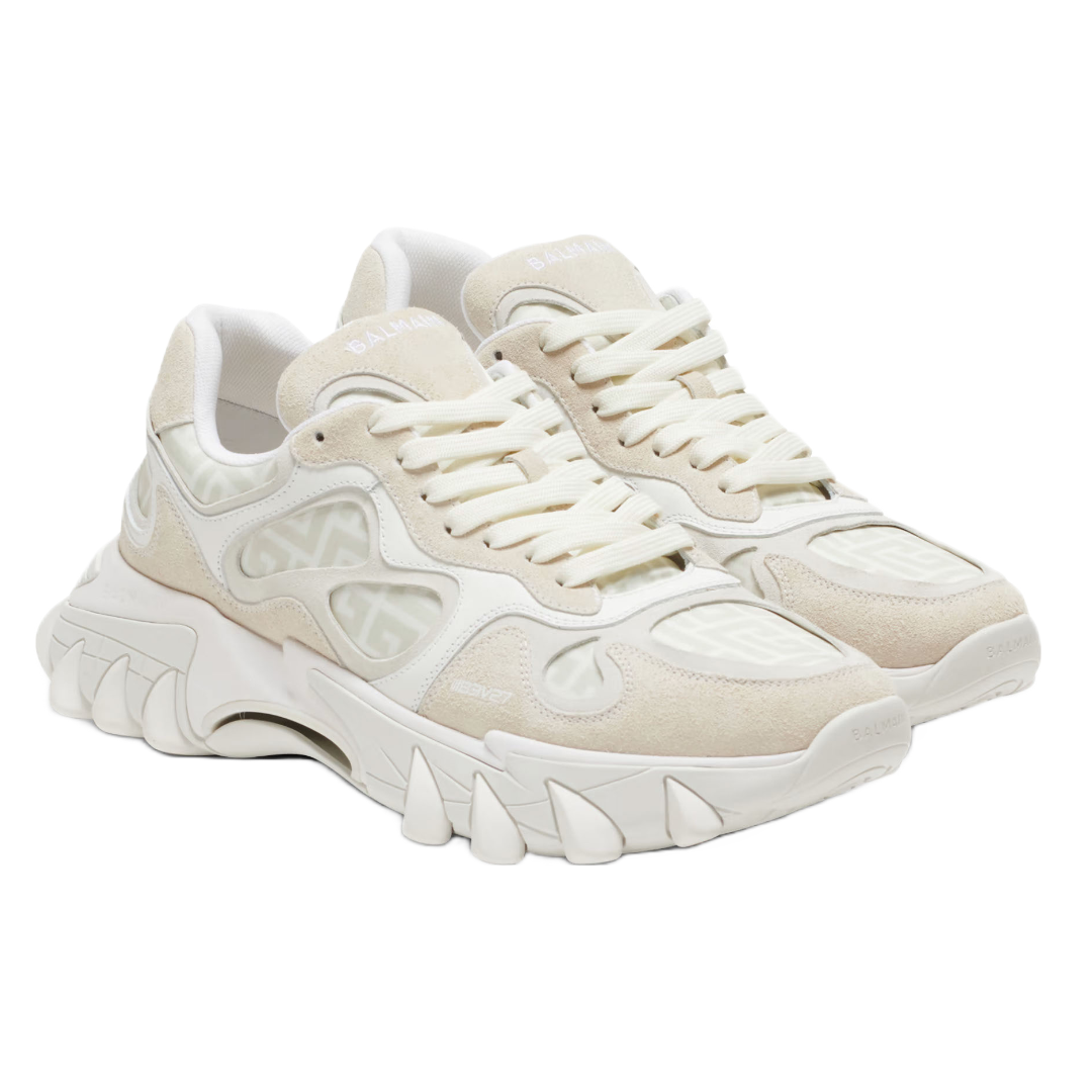 BALMAIN B-EAST MONOGRAMMED NYLON AND LEATHER TRAINERS IN CREME