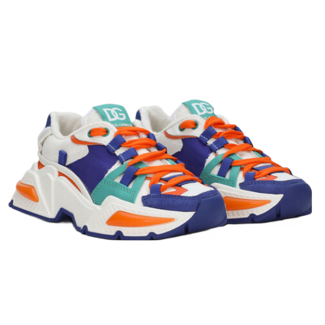 DOLCE AND GABBANA KIDS TODDLER MIXED MATERIAL AIRMASTER SNEAKERS BLUE/ORANGE/WHITE