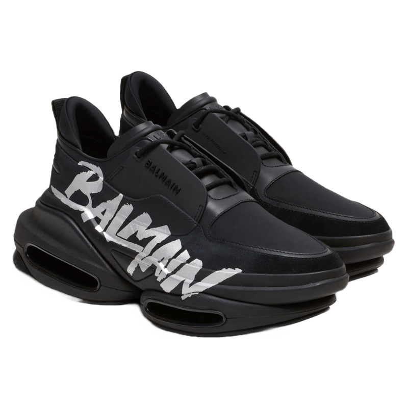 BALMAIN B-BOLD TRAINERS IN RUBBERISED LEATHER AND NEOPRENE