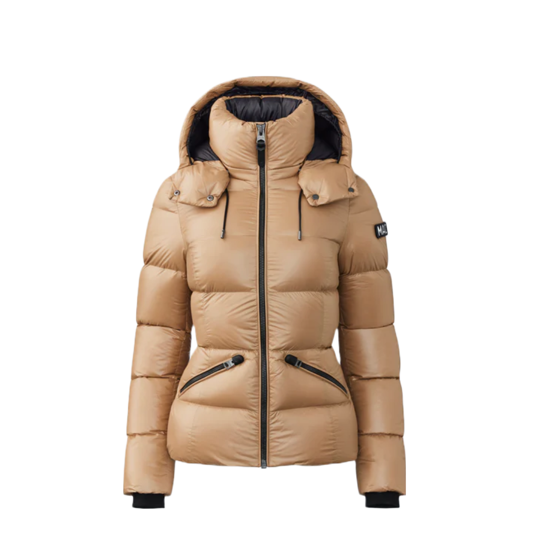 MACKAGE MADALYN LUSTROUS LIGHT DOWN JACKET WITH HOOD CARAMEL