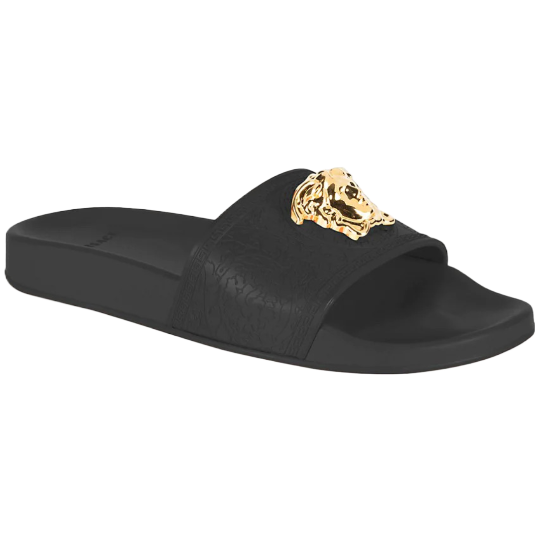 VERSACE WOMENS PALAZZO SLIDES BLACK/GOLD