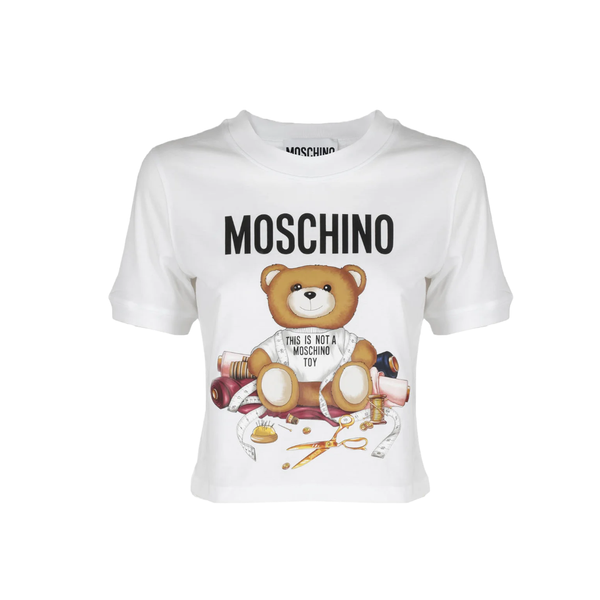 MOSCHINO PRINTED TEDDY CROPPED WHITE TSHIRT