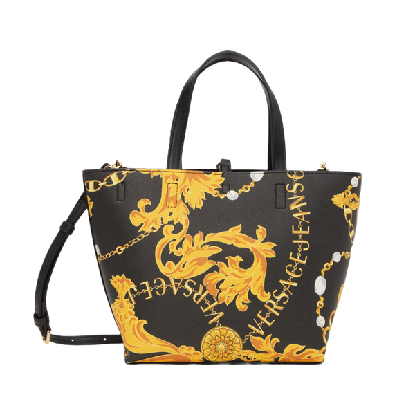 VERSACE JEANS COUTURE LOGO ALL OVER SMALL TOTE BAG BLACK/GOLD