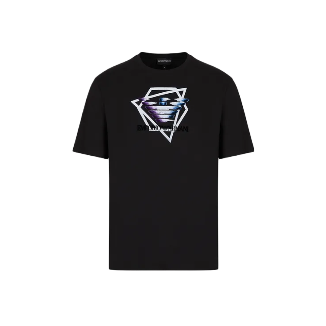 EMPORIO ARMANI LIGHT JERSEY TSHIRT WITH FLOCKED LOGO AND PRINT BLACK