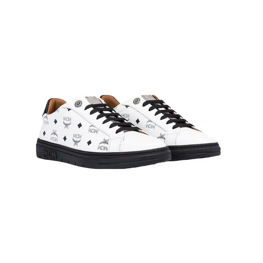 MCM WOMENS COLOR BLOCK LO TERRAIN SNEAKERS IN VISETOS WHITE/BLACK