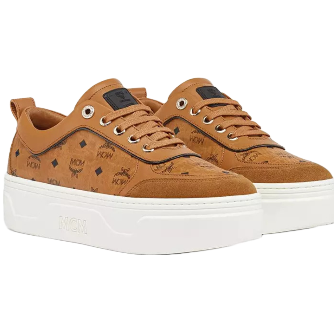 MCM SKYWARD PLATFORM SNEAKERS IN VISETOS COGNAC