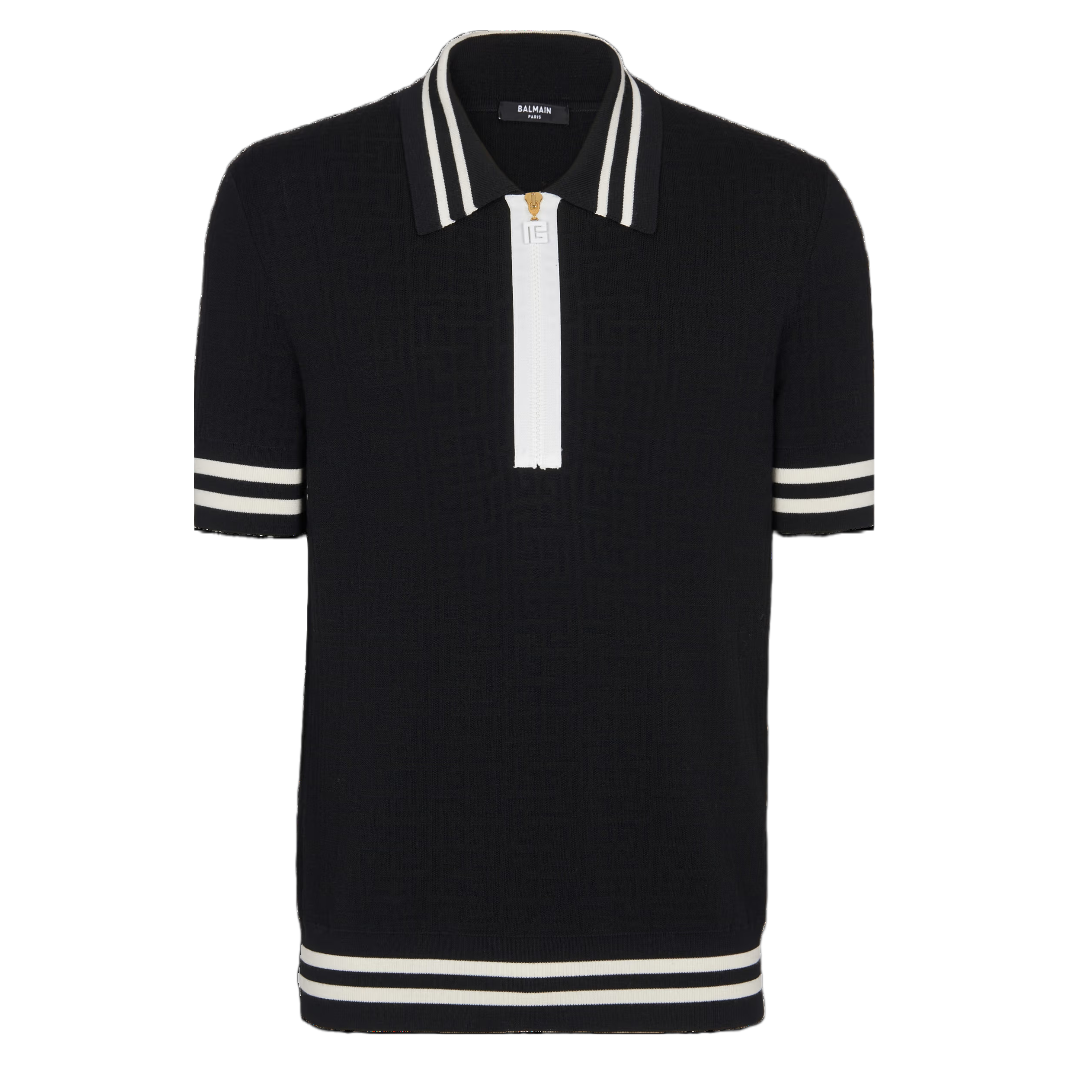 BALMAIN MONOGRAMMED JACQUARD POLO SHIRT BLACK/WHITE