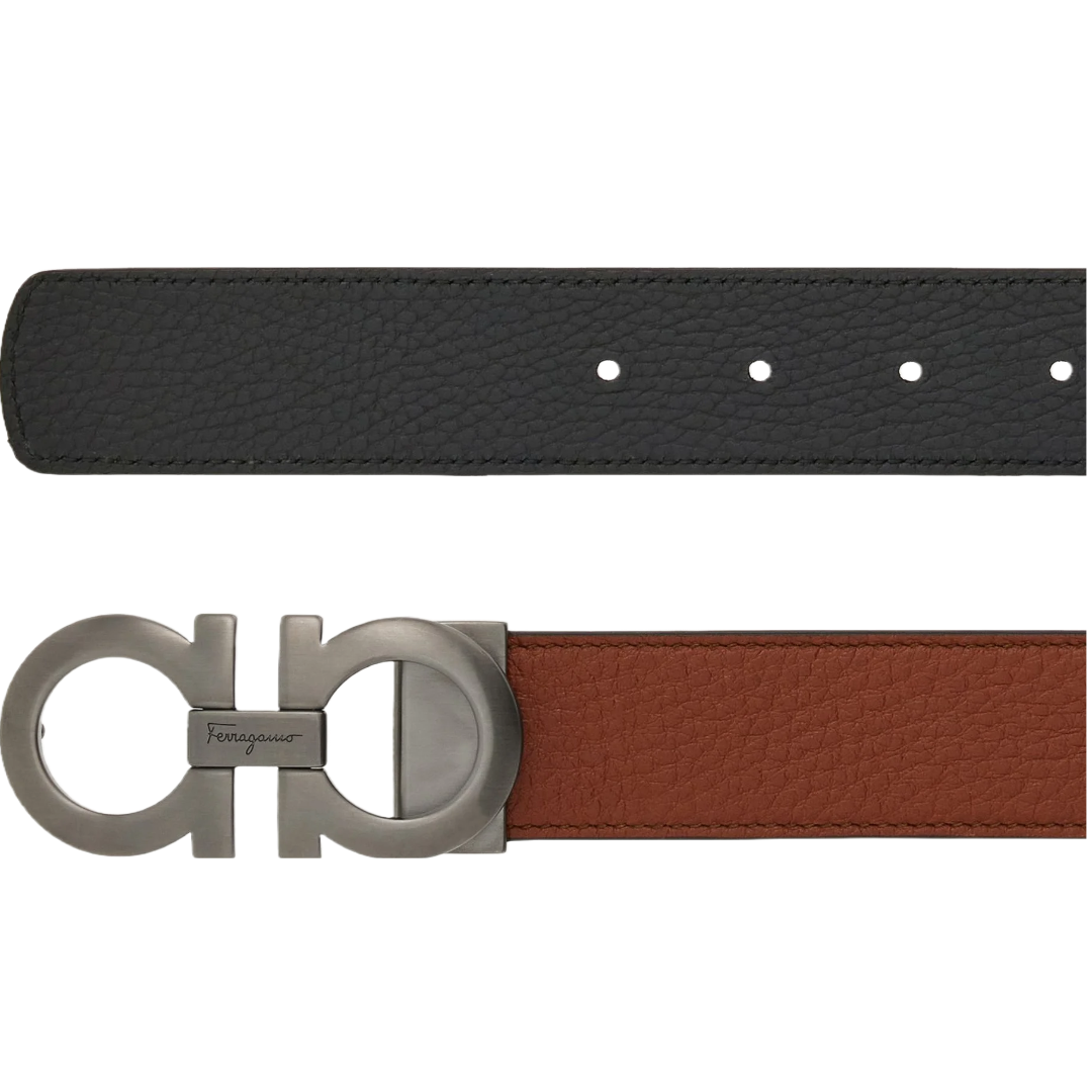 FERRAGAMO REVERSIBLE AND ADJUSTABLE GANCINI BELT CAPPUCCINO/BLACK