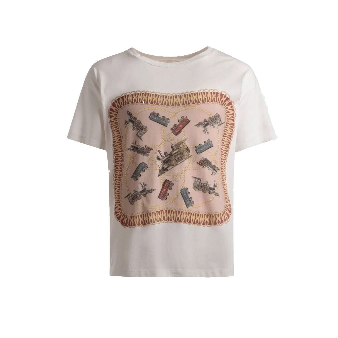 BALLY MENS TRAIN PRINT TSHIRT IN WHITE COTTON