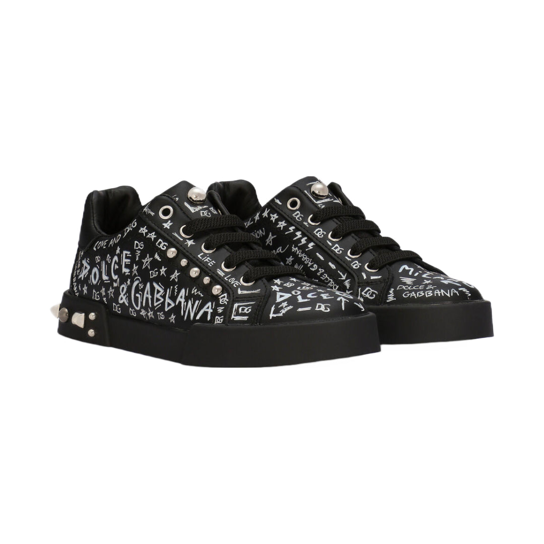 DOLCE & GABBANA KIDS GRAFFITI PRINT PORTOFINO SNEAKER BLACK/WHITE