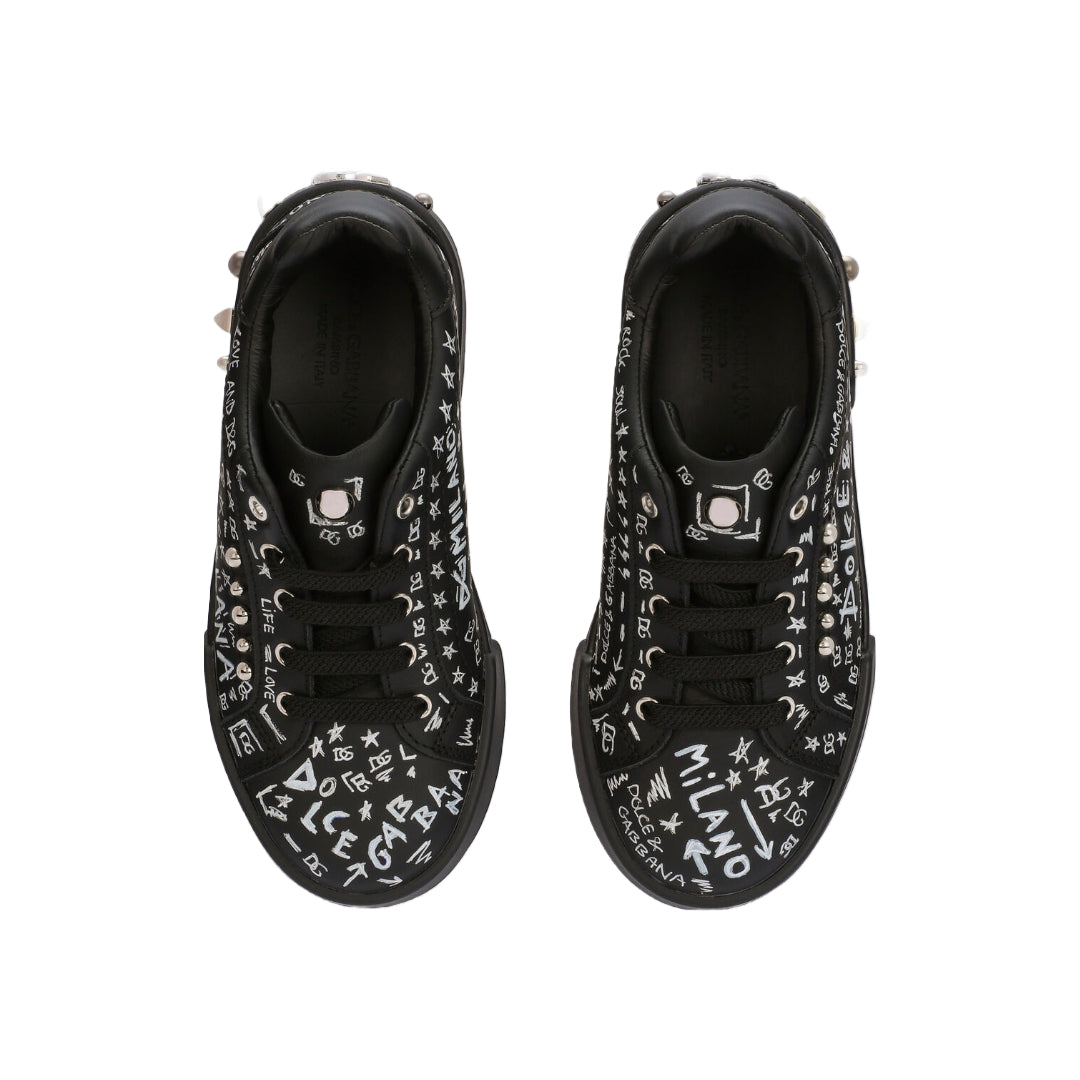 DOLCE & GABBANA KIDS GRAFFITI PRINT PORTOFINO SNEAKER BLACK/WHITE