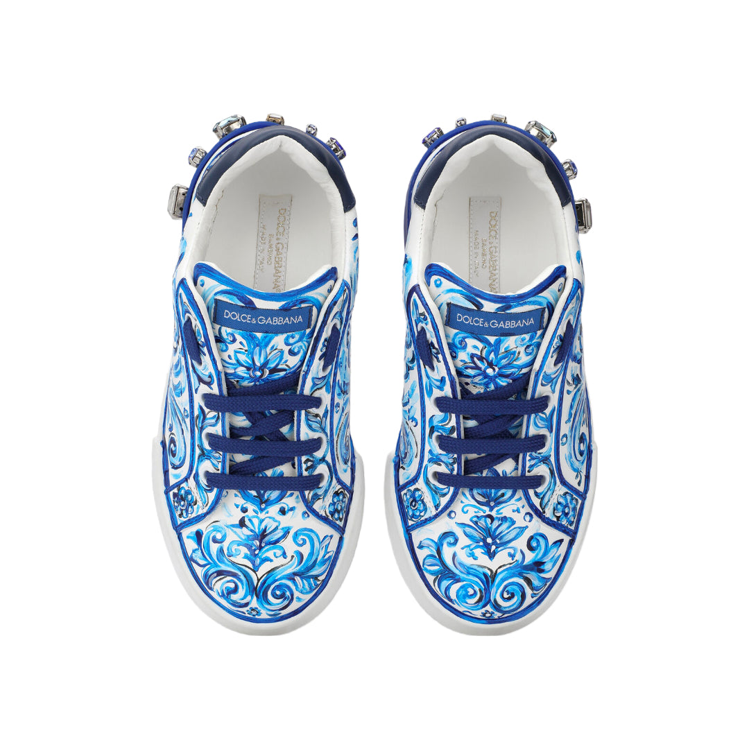 DOLCE & GABBANA KIDS MAJOLICA PRINT PORTOFINO SNEAKER WHITE/BLUE