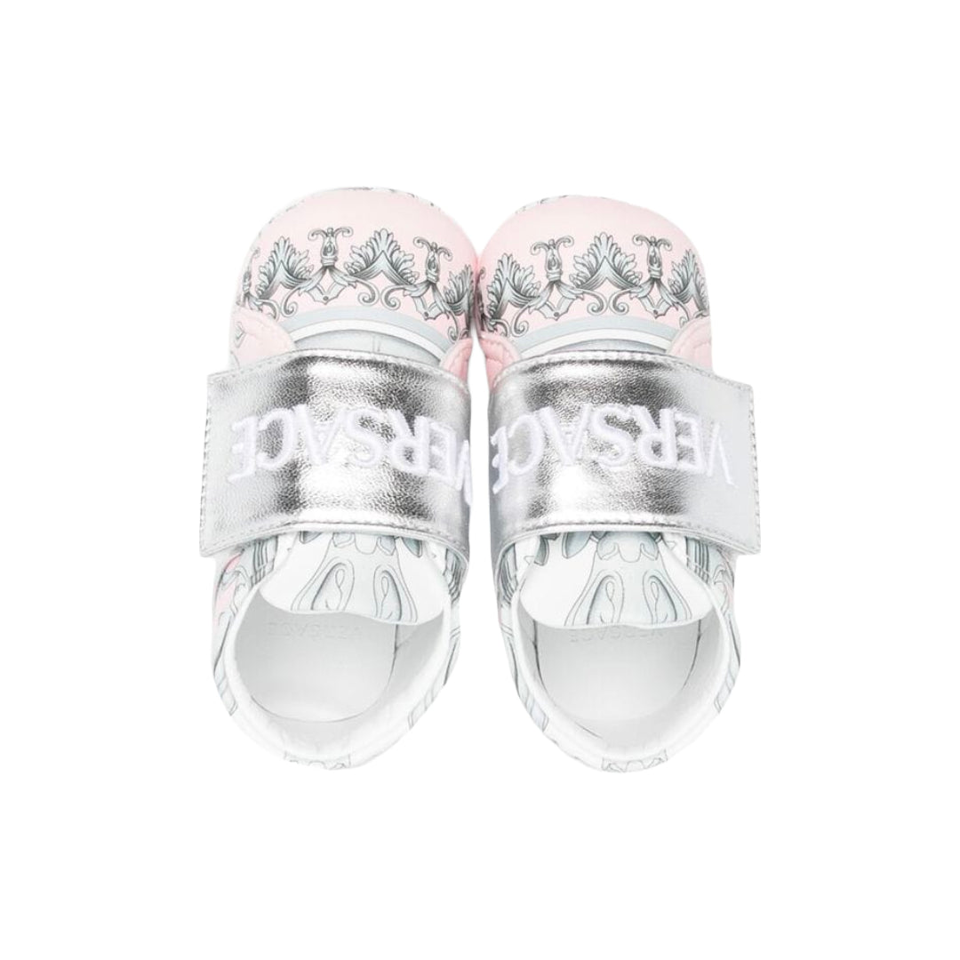 KIDS VERSACE NEWBORN EMBROIDERED LOGO SNEAKER BABY PINK/SILVER