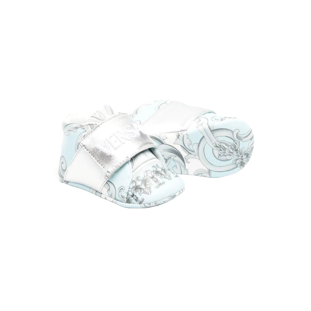 KIDS VERSACE NEWBORN EMBROIDERED LOGO SNEAKER BABY BLUE/SILVER