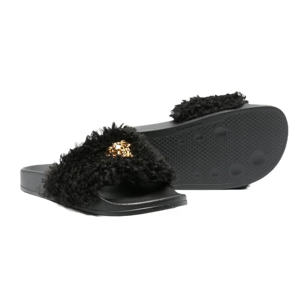 VERSACE KIDS MEDUSA FAUX FUR SLIDES BLACK/GOLD