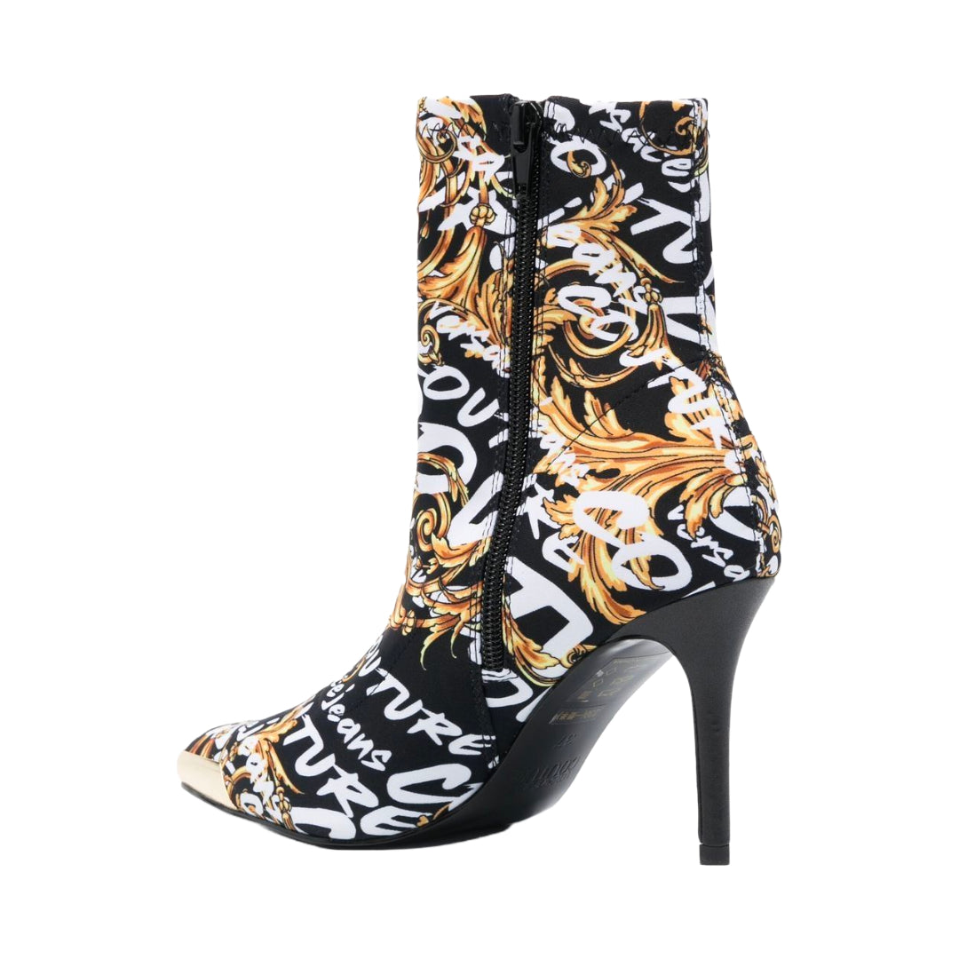 VERSACE JEANS COUTURE BAROCCO PRINT POINTED BOOTS BLK/GOLD/WHITE