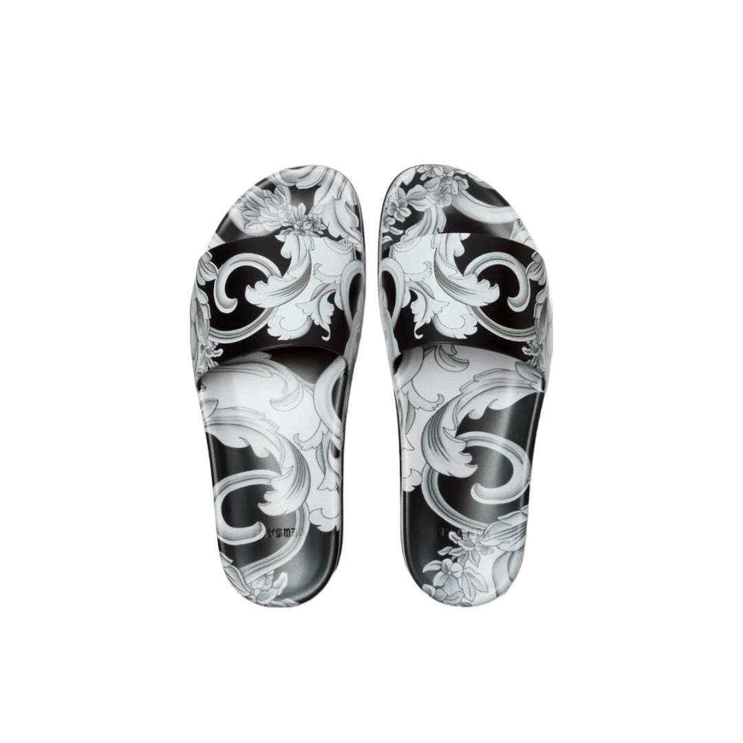 VERSACE MENS SILVER BAROQUE SLIDERS BLACK/WHITE