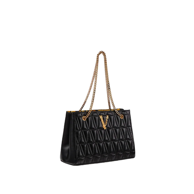Versace Virtus V Logo Tote Bag Brown in Saffiano Leather with Gold-tone - GB