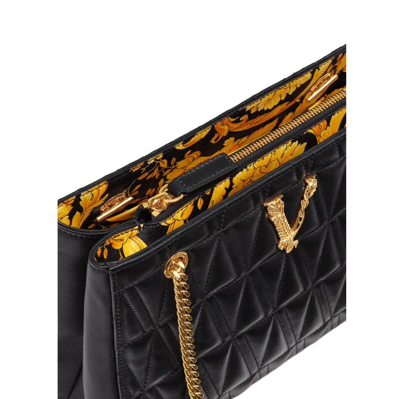 Versace Virtus Barocco Print Quilted Black and Gold Silk Shoulder Bag
