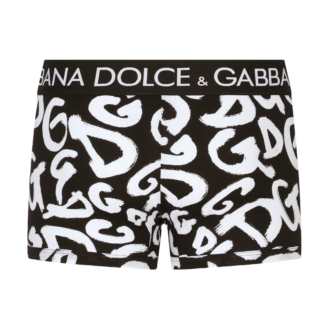 DOLCE & GABBANA STRETCH BOXER SHORTS DG LOGO BLACK/WHITE