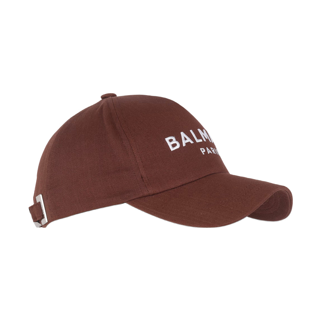 BALMAIN EMBROIDERED COTTON CAP BROWN