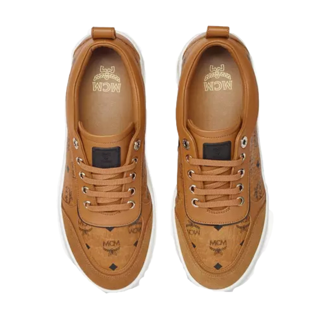 MCM SKYWARD PLATFORM SNEAKERS IN VISETOS COGNAC