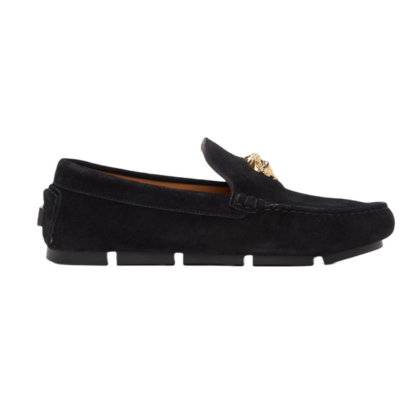 VERSACE LA MEDUSA STUDDED GRECA VELVET DRIVER SUEDE SHOES BLACK