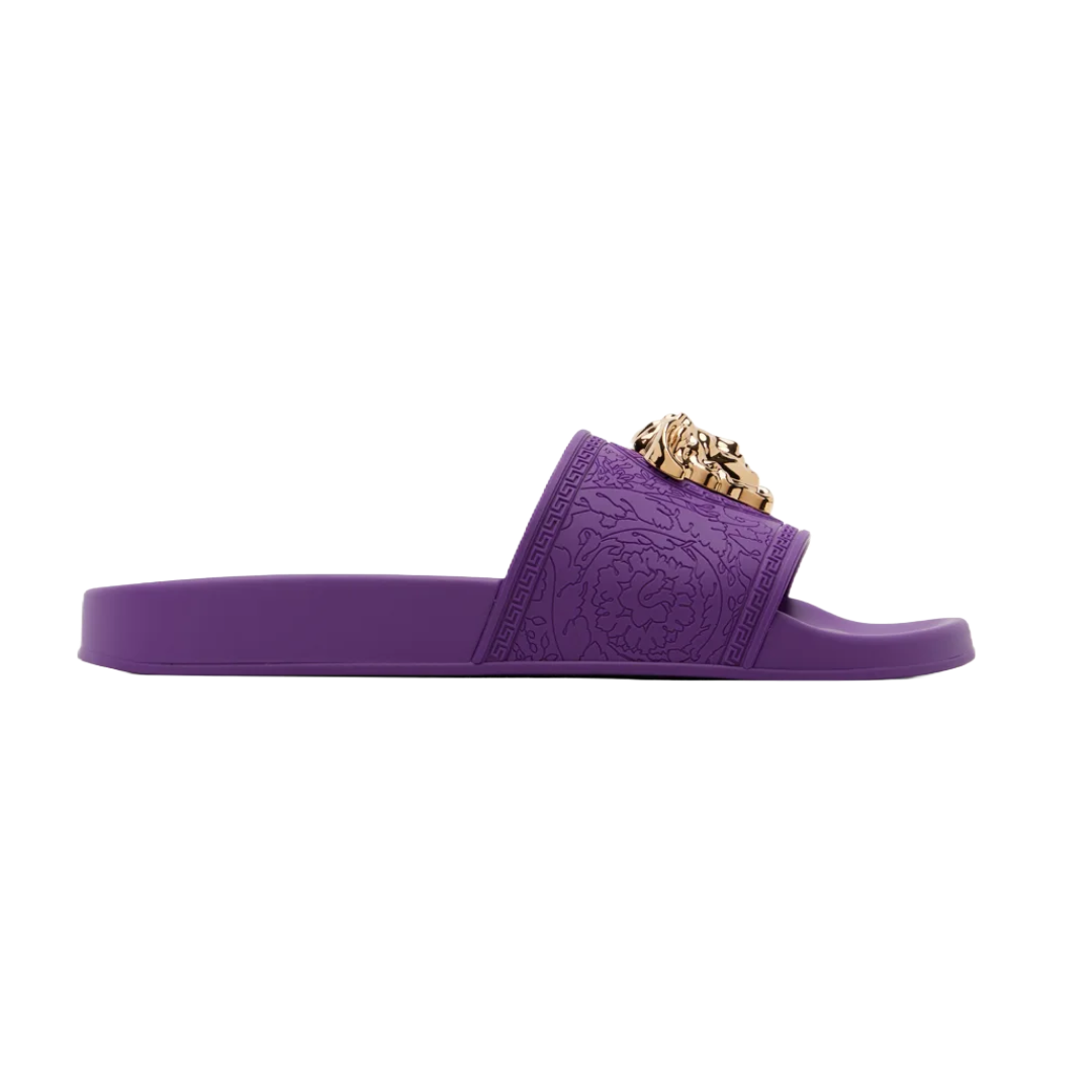 VERSACE WOMENS PALAZZO SLIDES DEEP PURPLE/GOLD