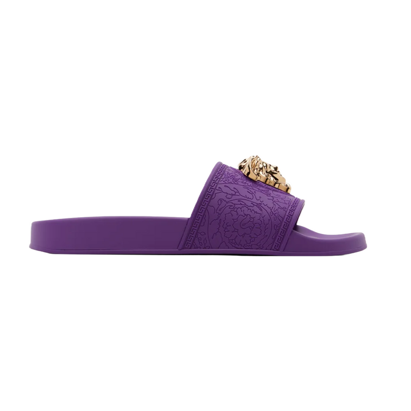 VERSACE WOMENS PALAZZO SLIDES DEEP PURPLE GOLD