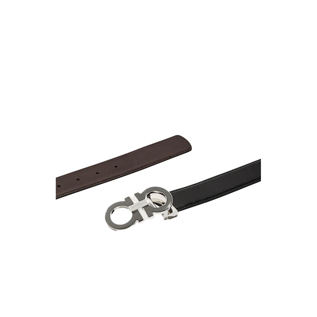 SALVATORE FERRAGAMO REVERSIBLE AND ADJUSTABLE GANCINI BELT BLACK/HICKORY