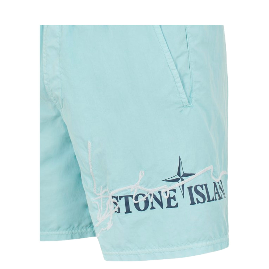 STONE ISLAND BRUSHED NYLON 'INK FOUR PRINT'_GARMENT DYED SHORT AQUA